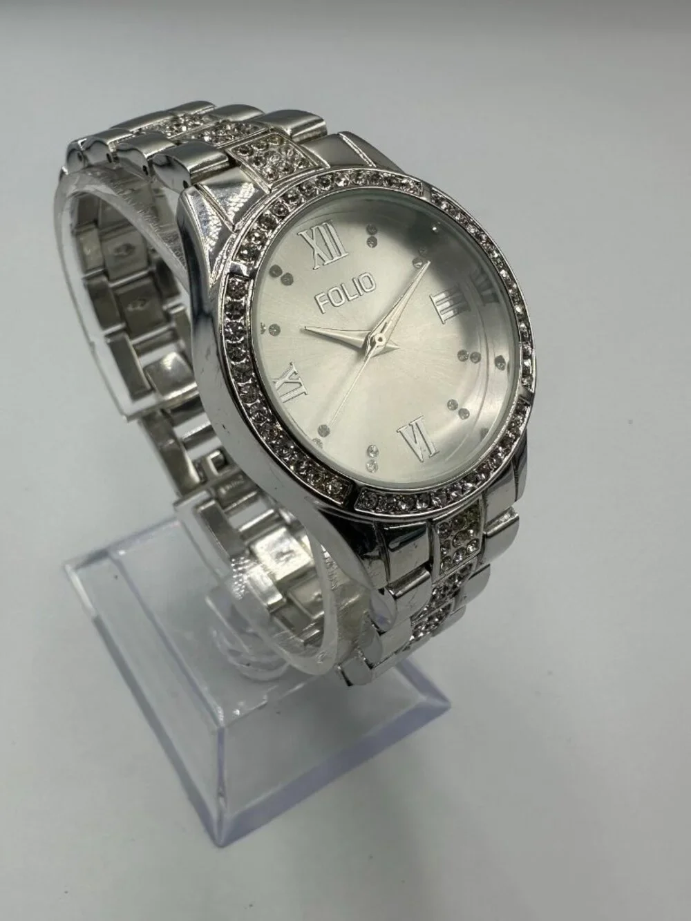 3/$30 Folio Watch Women Silver Tone Crystal Bezel Round Dial 31MM 7.5 Inch